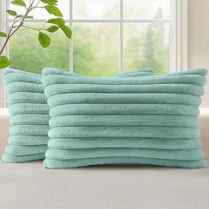 decorUhome Fall Faux Fur Throw Pillow Covers 12x20 Set of 2 Aqua | Decorative Soft Cozy Striped Plush Modern Farmhouse Boho Couch Pillow Cases Velvet Back for Sofa Bed Living Room Home Decor