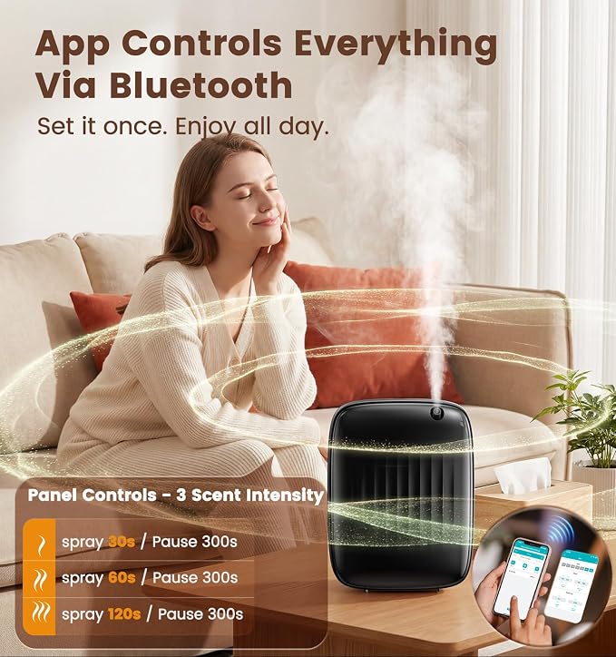 Waterless Essential Oil Diffuser - Whole-Home Scent Cold Air Diffuser Up to 3000sq.ft for Large Home Office Hotel - Adjustable Intensity & Time, App & Panel Control - Quiet, Wall Amount
