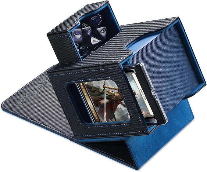 Mage Tech Card Deck Box for MTG Commander - Patented Design, Commander Display, Fits 100 Double-Sleeved Cards, 35pt Card Brick & Dice Tray - Black/Blue