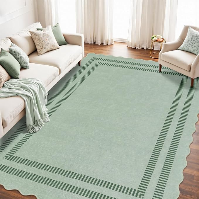 Washable 8x10 Rugs for Living Room Bedroom, Non-Slip Sage Green Indoor Carpet for Dining Room Office, Ultra Thin Scalloped Soft Carpets for Kids Nursery Playroom