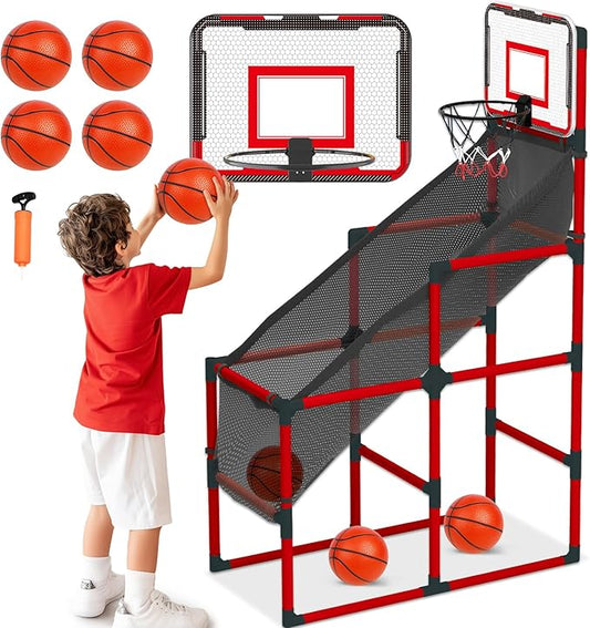 TOY Life Arcade Basketball Game Set Height Adjustable Easy Set Up with 4 Balls and Hoop Game for Kids 3 to 12 Years Old Indoor Outdoor Sport Play, Air Pump Included, Toys for Boys 5-7 Competition