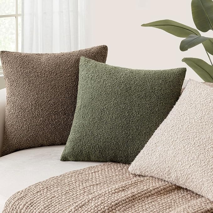 Foindtower Set of 2, Decorative Textured Boucle Throw Pillow Covers Accent Solid Pillow Cases Neutral Soft Cozy Couch Cushion Case for Chair Sofa Bedroom Living Room Home Decor 16x16 Inch Light Brown