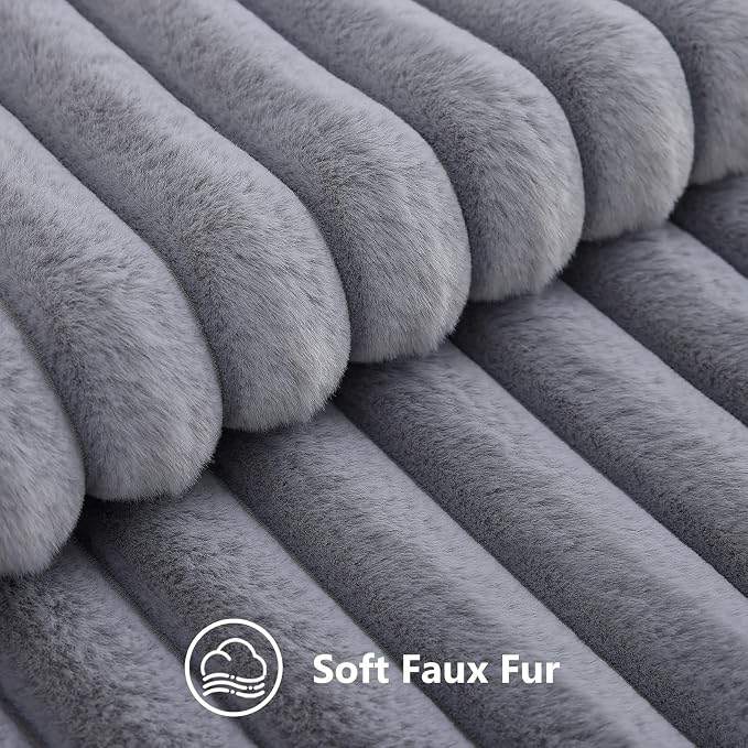 decorUhome Fall Faux Fur Throw Pillow Covers 16x16 Set of 2 Grey | Decorative Soft Cozy Striped Plush Modern Farmhouse Boho Couch Pillow Cases Velvet Back for Sofa Bed Living Room Home Decor