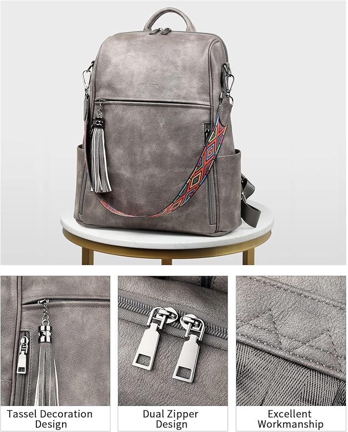 FADEON Leather Backpack Purse for Women Designer Travel Backpack Purses PU Fashion Ladies Shoulder Bag with Tassel