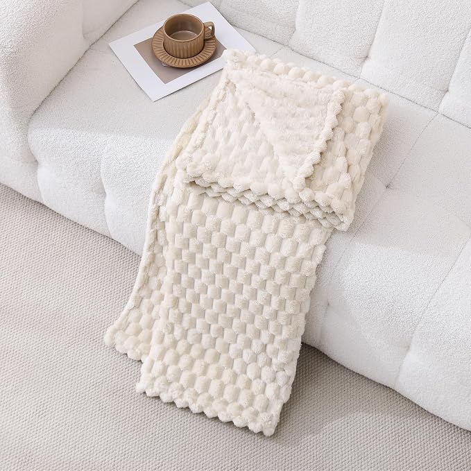 Cream Fleece Throw Blanket 60”×80” for Couch Sofa Bed Super Soft Cozy Plush Microfiber Flannel Blanket with 3D Jacquard Decorative Lightweight for Mom Woman