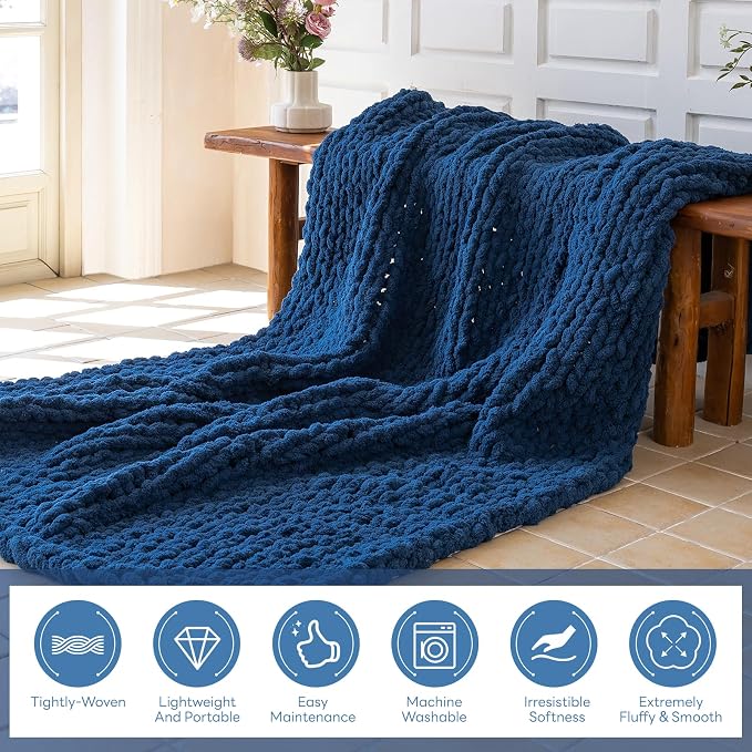 Chunky Knit Blanket - Luxury Soft Cozy 50 * 60 Throw Blanket,100% Woven Blanket Rope Knot Throw Blanket for Couch, Sofa, Home Decor, Gift - Machine Washable (Deep Blue, 50 * 60)