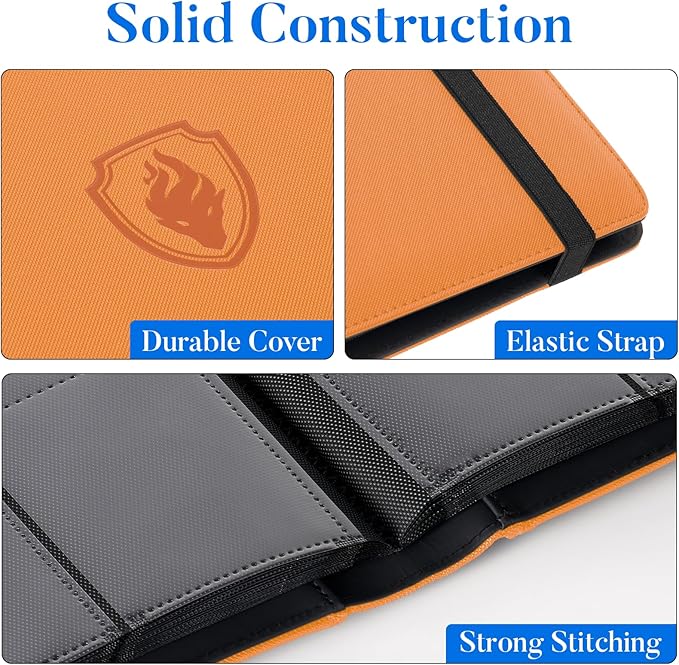 Premium 9 Pocket Card Binder for 540 Cards, Fabmaker PU Cover Trading Card Binder, Sturdy Card Collection Album, Sleek Card Holder Folders for Game Cards & Sports Cards, Orange