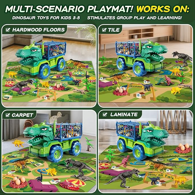 Dinosaur Cars Truck Toys for Kids 3-5 with 8 Dinosaur Figures, Activity Play Mat, Dinosaur Egg, Trees, Jurassic Play Set for Boys and Girls Ages 5-7