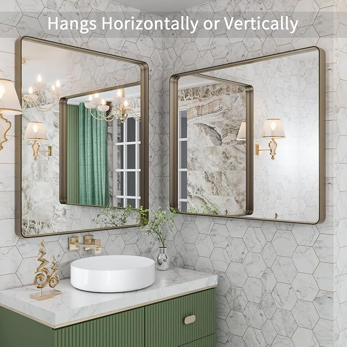 LOAAO 30"X36" Bronze Bathroom Mirror | Rounded Rectangle, Brushed Bronze Metal Frame, Anti-Rust, Tempered Glass, Hangs Horizontally or Vertically