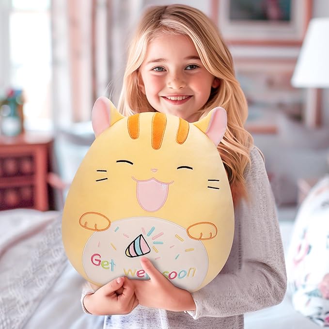 Get Well Soon Cat Pillow Plush Stuffed Animal Toy Patient Feel Better,12.5" Big Size Soft Cute Adorable Plushie Toys,Gift for Kids Women Girls