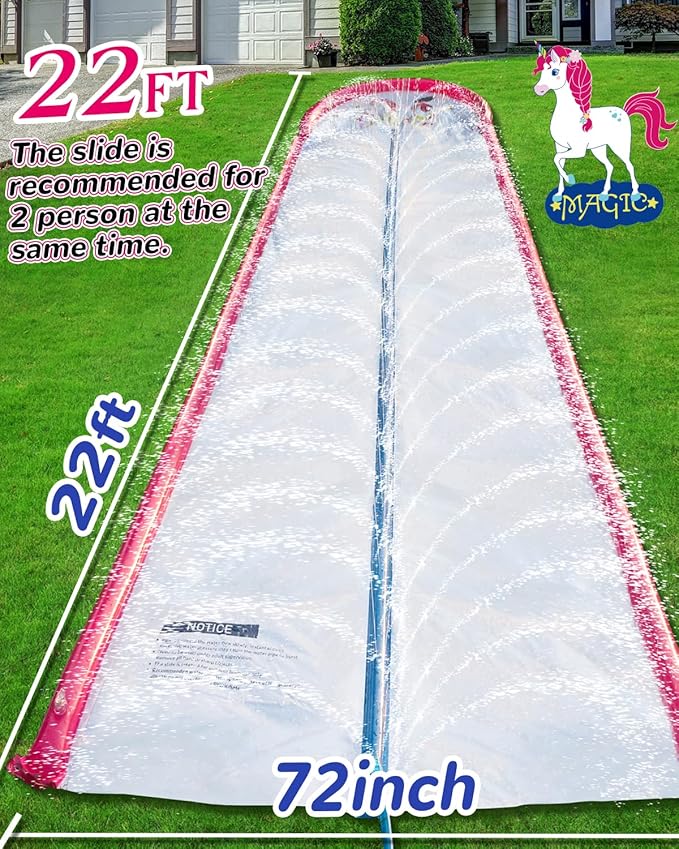 22ft Slip and Water Slide with 2 Inflatable Bodyboards，Pink Water Slide with Sprinkler for Kids Backyard，Summer Water Toys for Kids Outside，Lawn Water Slide