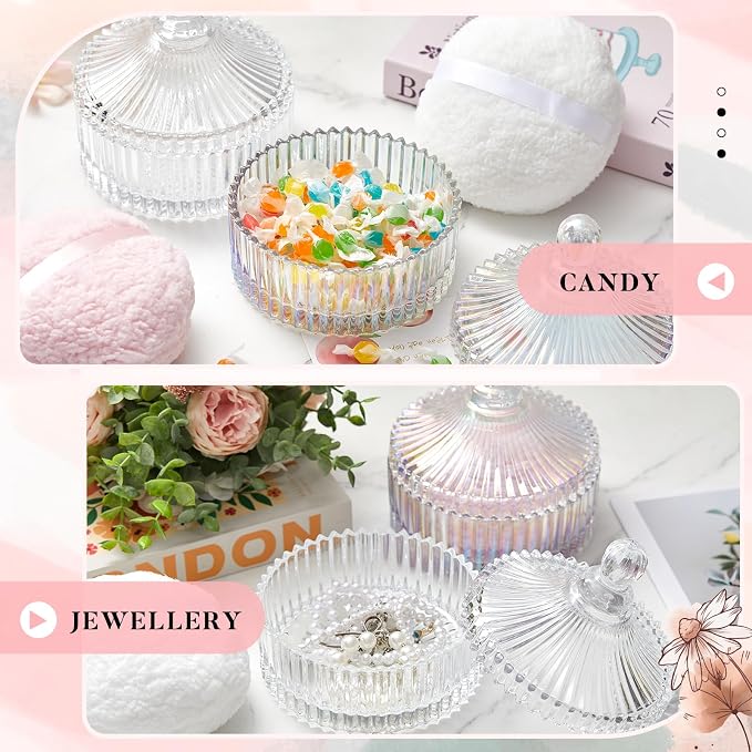 Tioncy 2 Set Extra Large Body Powder Puff and Container, 6'' Washable Vintage Decorative Crystal Powder & Container Gift for Bathroom Counter & Feminine Vanity Decor(Classic,Dazzling and Clear)