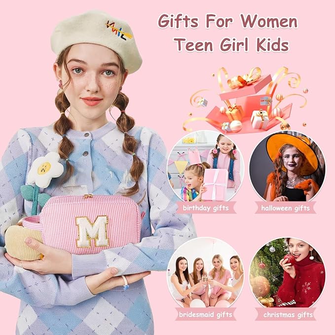 YOOLIFE Monogram Cute Initial Pink Makeup Bags - Cosmetic Toiletry Pouch Make Up Case for Women's Friendship, Personalized Birthday Gifts