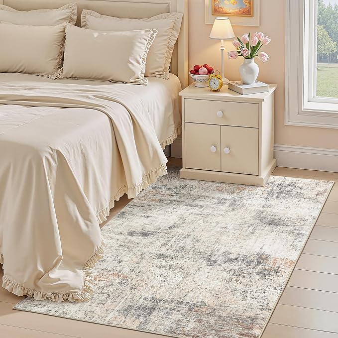 3x5 Area Rug for Entryway, Gold Abstract Washable Non-Slip Rug for Kitchen | Low Pile Soft Small Rugs, Abstract Carpet for Bathroom Bedroom Tool Room, Stain Resistant Foldable Distressed Rug