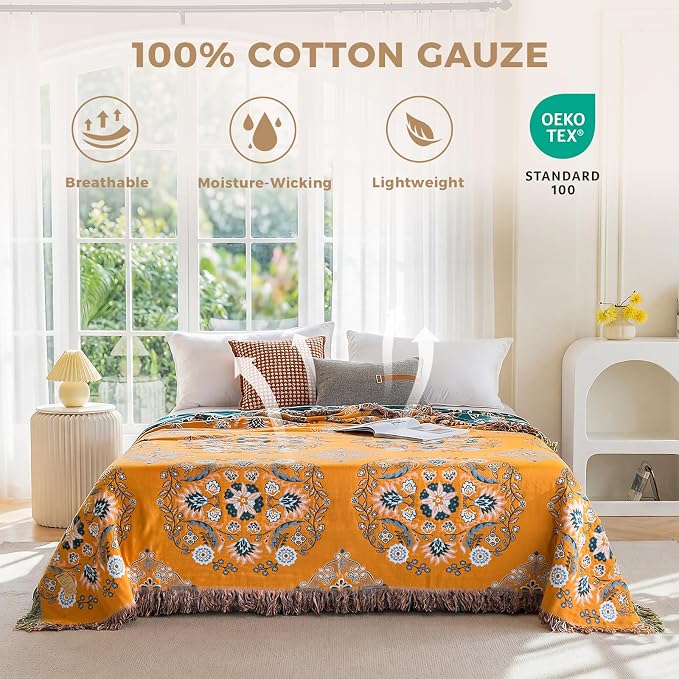 LUTBM Boho Throw Blanket for Bed 60"x80", 100% Cotton Yellow Couch Blankets | Reversible Floral Jacquard, Soft All-Season Twin Quilt, For Chair Sofa Living Room Decor, Lightweight Breathable, Women Gift