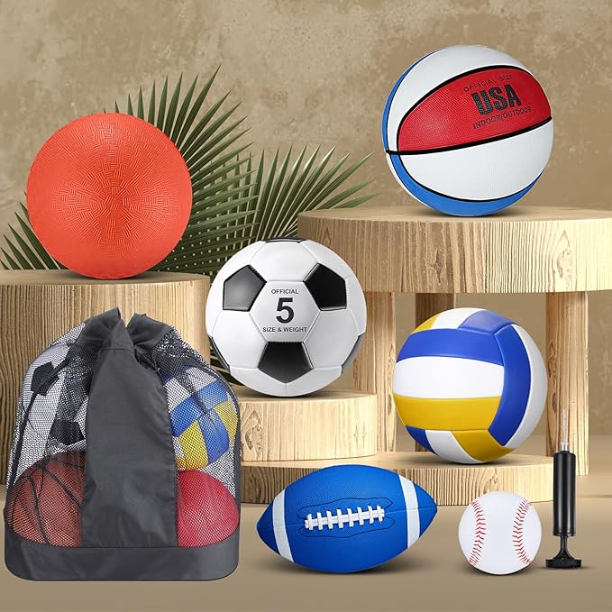 Libima 6 Pcs Multi Sport Ball Set Gift Official Size Football, Basketball, Soccer, Volleyball, Playground Ball, Baseball with Outdoor Sports Equipment Bag Pump for Christmas Holiday