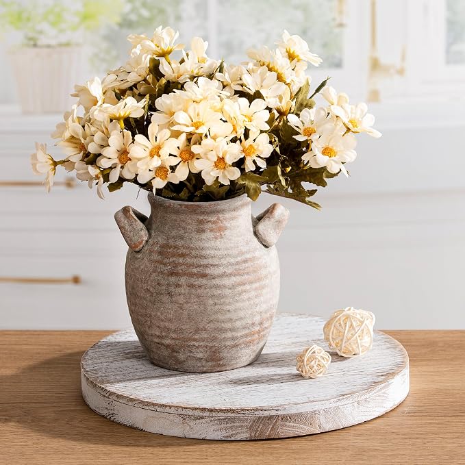 Vanselia Ceramic Flower Vase Home Decor - Farmhouse Table Vases with Handle Living Room Decoration Vintage Decorative Aesthetic for Shelf Coffee Dining Desk House Bookshelf Fireplace (6" Rustic)