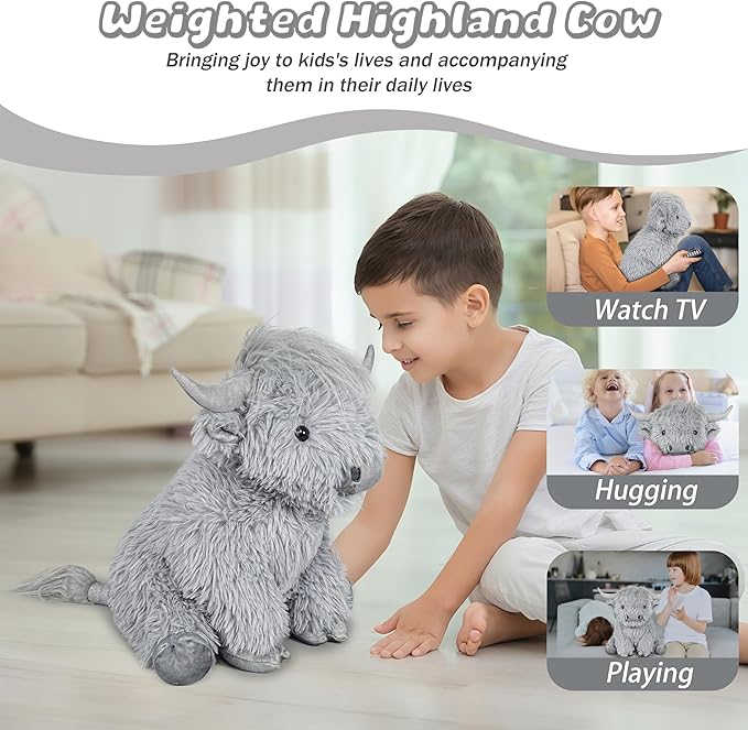 Highland Cow Weighted Stuffed Animals, 4 Lbs Grey Highland Cow Plush 13.7 Inches, Surprise Weighted Stuffed Animals Gift for Kids Birthdays, Halloween, Christmas (Grey)