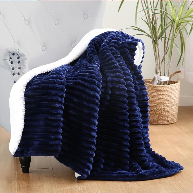 Navy Blue Sherpa Fleece Throw Blanket 60”×80”for Couch Sofa Bed | Double Side Soft Fuzzy Cozy Plush Thick Flannel Blanket with Striped Design Gift for Adults,Woman