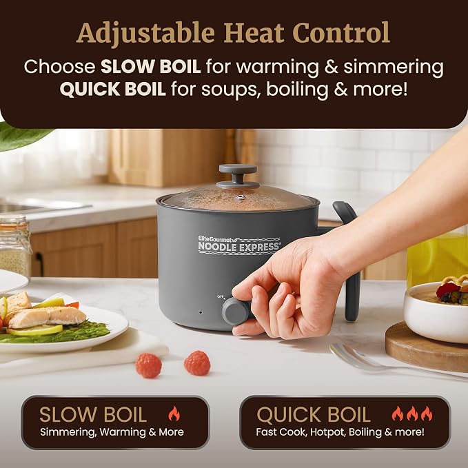 Elite Gourmet Noodle Express Electric Hot Pot, Ceralast Non-Stick, Grey | Cool-touch handle - PFAS-free ceramic coating - prepares noodles, soups & stews - glass lid - 2 heat settings, High/Low