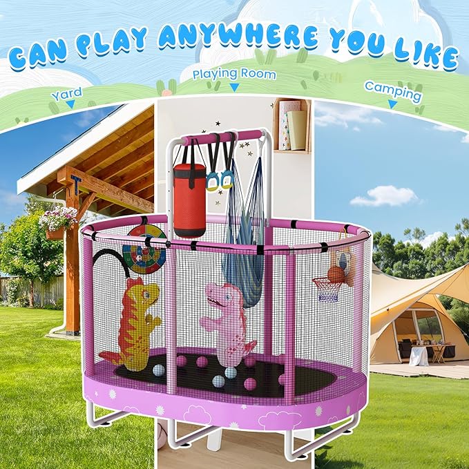 LAMERGE 55" 7-in-1 Round Trampoline for Kids Boys & Girls Ages 1-8, Indoor & Outdoor Trampoline for Fun, Adjustable Height Handrail ＆ Enclosed Safety Net ＆ Durable Designs for Toddlers Children