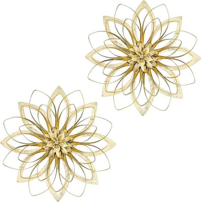 Remenna Metal Flowers Wall Decor, Metal Rustic Wall Art Decoration Farmhouse Wall Decorations Multiple Floral Hanging Decor for Bathroom Living Room Home Office Garden Kitchen (Rustic Gold - 2)