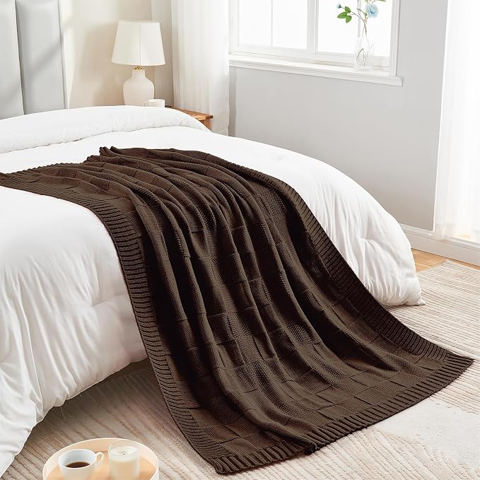 CozeCube Dark Brown Knitted Checkered Throw Blanket 50"X60" | Check Knit Throw for Couch, Decorative Christmas Soft Cozy Warm Blanket for Bed Sofa Living Room