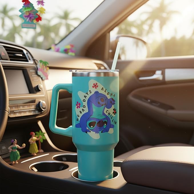 Silver Buffalo Disney Lilo and Stitch Aloha No Bad Days Chillin’ Double Walled Stainless Steel Tumbler with Handle and Straw, Fits in Standard Cup Holder, 40 Ounces