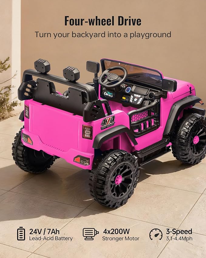 Outfunny 2 Seater Ride on Car Toy, 24V 4WD Electric Car for Kids 4-8 with Remote Control, 4x200W Motors, Capacity 150 lb - Hot Pink