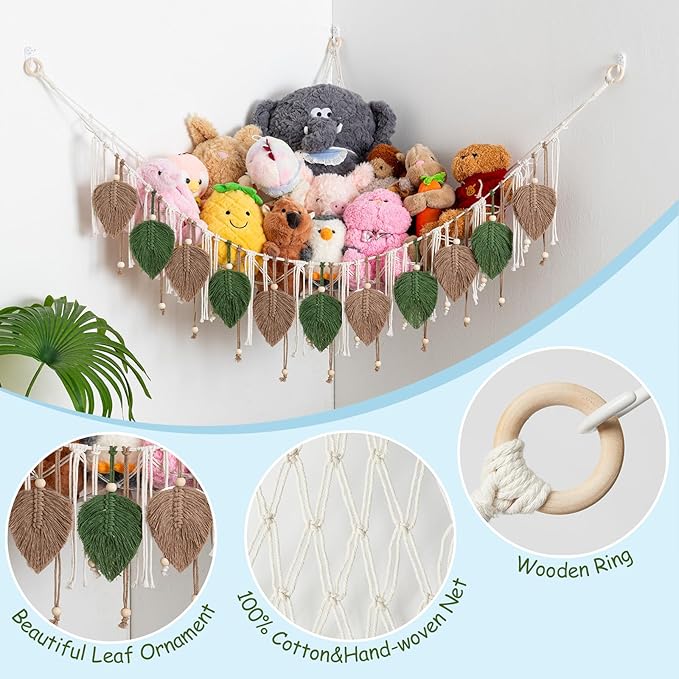 Pretty Jolly Macrame Stuffed Animal Hammock with Beads Hand Woven Leaf Tassels Corner Hanging Net Boho Plush Holder for Kid Room Nursery Decor Organizer for Girls Gift(AvocadoGreen & Milkcoffee)