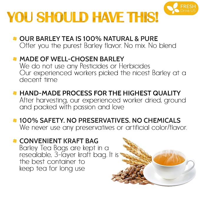 FreshDrinkUS, Premium 50 Barley Tea Bags, 100% Natural & Pure from Barley. Herbal Tea. Made with Natural Material Tea Bags. No Sugar, No Caffeine, No Gluten, Vegan.