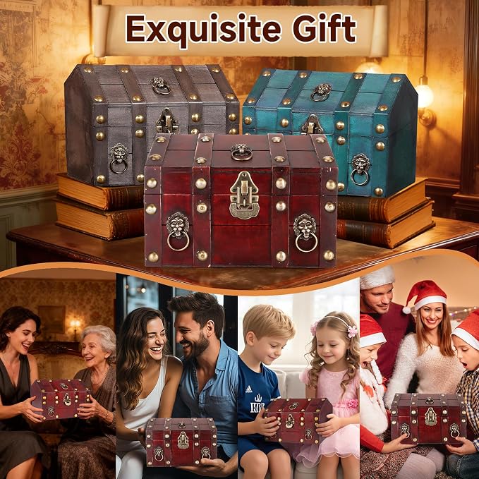 Large Vintage Wooden Treasure Chest Antique Box with Metal Lock | Wood Jewelry Box Storage Decorative Boxes Handmade Rectangle Organizer for Women Ring Necklace Earring Coins Collectibles