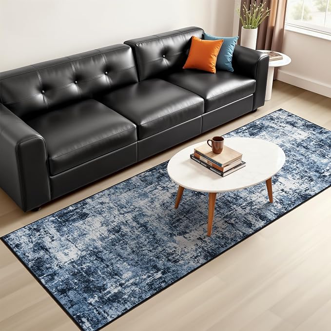 Rugflix 2x7 Runner Rug for Entryway, Washable Navy Blue Entrance Runners | Machine Washable; Stain-Resistant; Low Pile; Non-Slip; Modern Abstract; Black Carpet for Entrance Kitchen Hallway Home