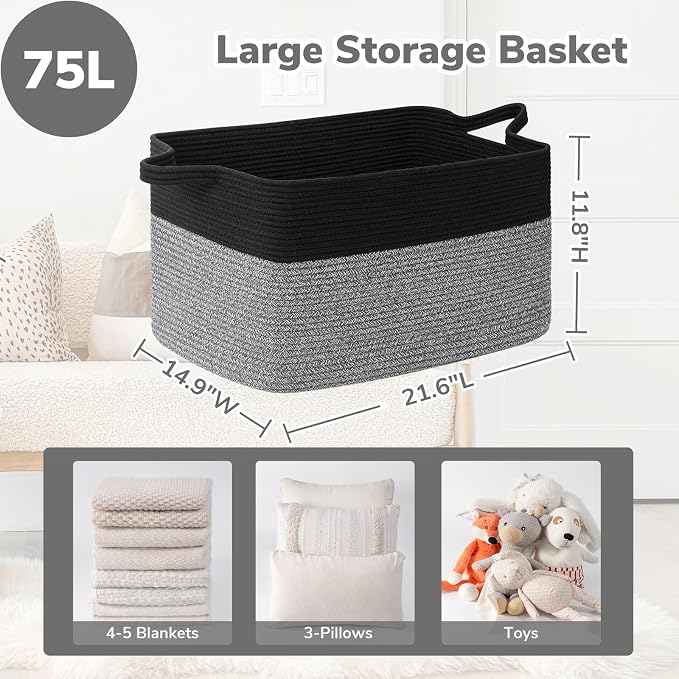 Goodpick Large Woven Rope Blanket Basket, Rectangle, Black & Gray | 21.6'' x 14.9'' x 11.8'' Storage Basket for Toys & Nursery Essentials, Living Room & Bedroom Organization, Reinforced Handles
