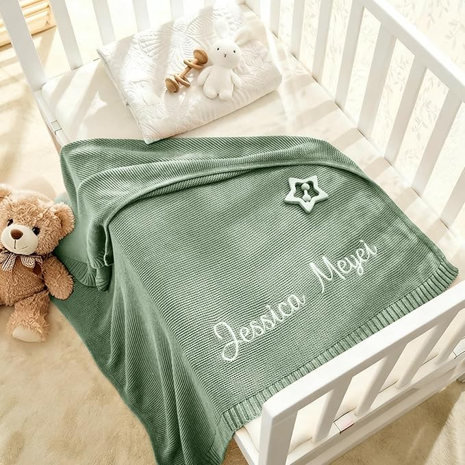 Personalized Baby Blanket with Name - Organic Cotton Custom Embroidered Blanket for Newborn Baby Girl Boy Gifts, 30x40 Inch Soft Knit Swaddle Receiving Blanket for Baby Shower