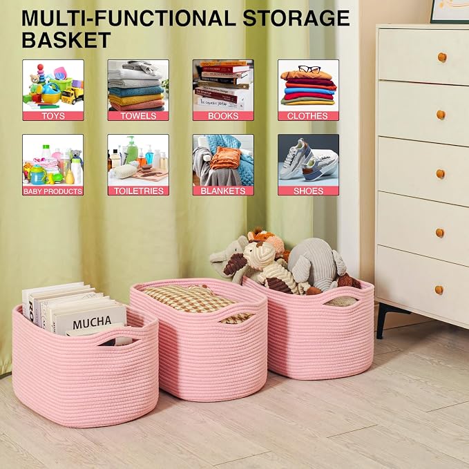 ICERZCZ Storage Baskets for Organizing Shelves, Pink Basket for Nursery, Woven Cotton Rope Baskets for Storage, Towel Basket for Bathroom, 15"x11"x9.5", 3 Packs, Light Pink