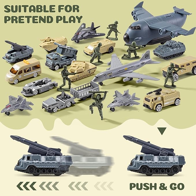 33 in 1 Military Airplane Toy with Army Men Action Figures, Army Toys Playset with Vehicles Tanks Trucks Helicopters Fighter Jets and Play Mat, Gifts for Boys Girls