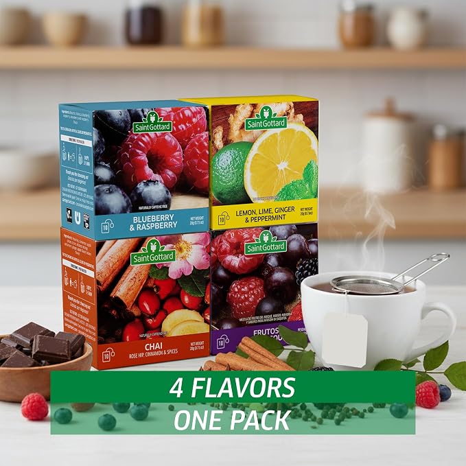 [FRUITY REFRESH] - Saint Gottard Herbal Tea – Caffeine-Free Herbal Infusion, Natural Ingredients, Hot or Iced Tea, Premium Flavor Blend, Aromatic & Smooth Taste, 20 Tea Bags, Pack of 2