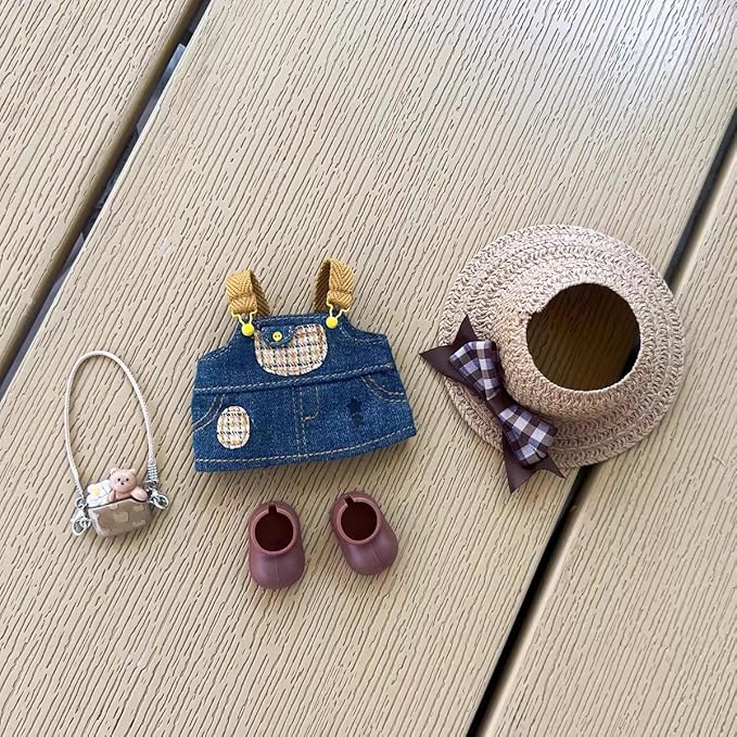 4/5/6 Set Doll Clothes Compatible with 17cm labubu, Clothes for Dolls Outfit, Contain Hat +Glasses+ Summer Camisole Dress+Mini Bag+ Mini Camera + Shoes, No Doll Include (Brown)