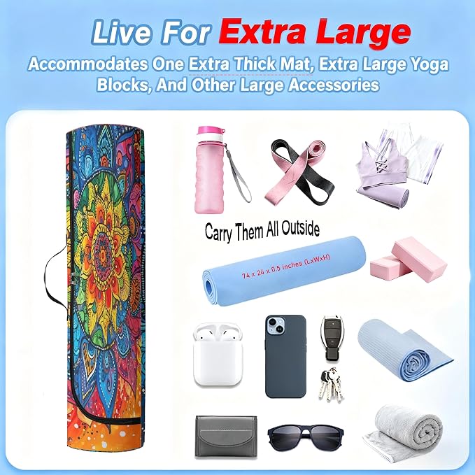 Spacious Extra Large Storage Yoga Mat Bag | Huge Capacity Mandala Gym Tote - Waterproof Wear-Resistant Carrier Strap Pilates