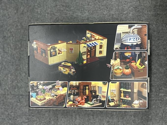 City Street Pizza Restaurant Building Set with Light, 1098PCS Pizzeria House Architecture Model with Retro Pizza Van, Home Decor Construction Building Block Gift for Adults Teens Boys Girls 12+