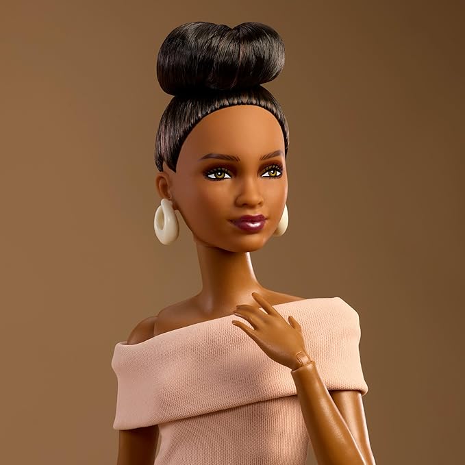 Barbie Basics Model Collector Fashion Doll 08 with Brunette Hair in Tan Dress & Strappy Heels, Universal-fit Fashions & Posable Body