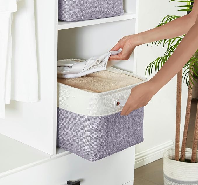DECOMOMO Storage Bins, Large Fabric Storage Baskets for Shelves 3 Pack | 15 x 11 x 9.5 inches Decorative Linen Closet Organizers (Purple & White)