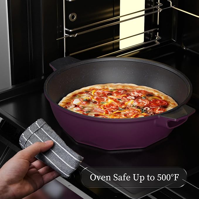 TIBORANG 11 Inch Nonstick Frying Pan with Lid,8-in-1 Multipurpose Cookware | 5 Qt Deep Sauté Pan Skillet with Steamer, Dishwasher & Oven Safe, Induction Compatible, Stay-Cool Handle, Midnight Purple