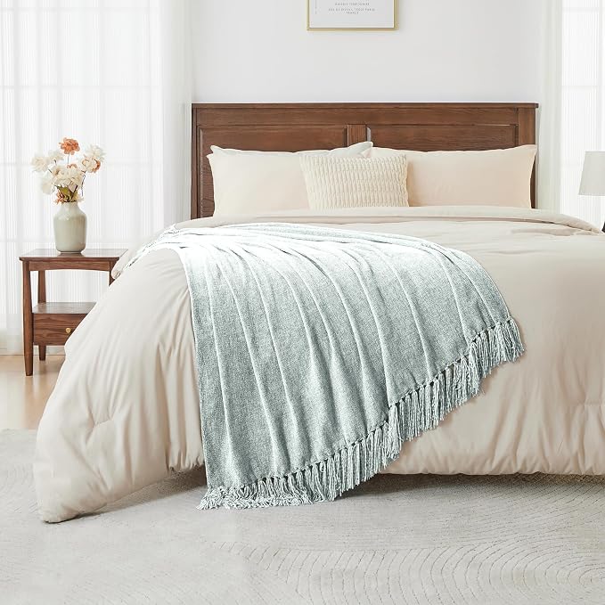 CozeCube Chenille Throw Blanket, Baby Blue Fringe Blanket, 50"X60" | For Couch, Cozy Plush Fuzzy Decorative Blanket with Fringe Tassels, Lightweight Throws for Bed Sofa Gift Home Decor