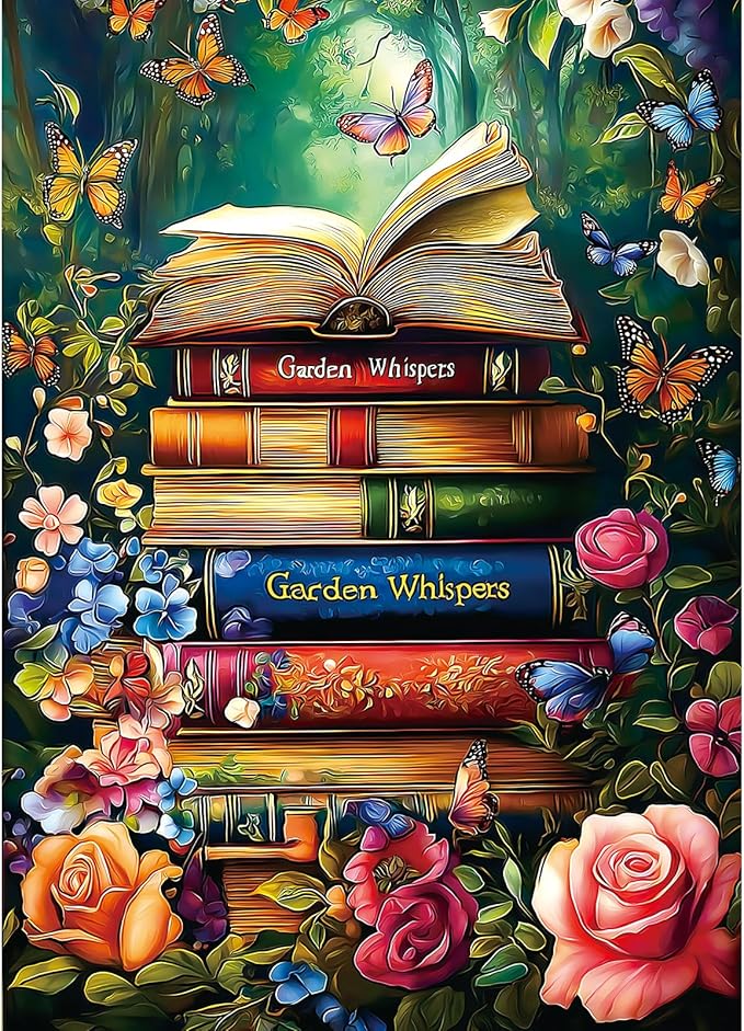 1000 Piece Jigsaw Puzzle for Adults - Garden Whispers Book Stack with Butterflies & Flowers, 27.5x19.7 Inch Unique Art Puzzle, Challenging Hard Difficult Puzzles for Adults