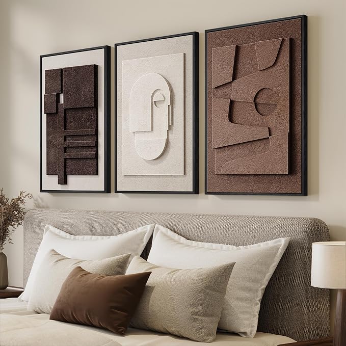 3D Textured Framed Brown and White Abstract Wall Art Set, 3 Piece 16x24 In | Solid wood frames, sculptural relief details, deep brown and ivory tones, ready to display in bedroom living room and dining