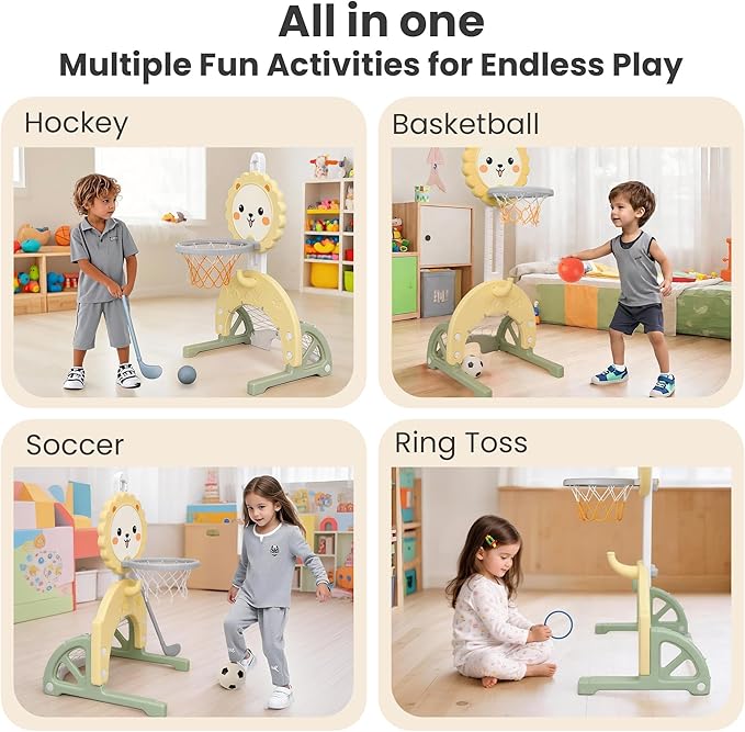 4-in-1 Toddler Basketball Hoop Indoor Adjustable Height Outdoor Sports Center for Kids Aged 1-3 Basketball, Soccer, Hockey & Ring Toss, Yellow and Green