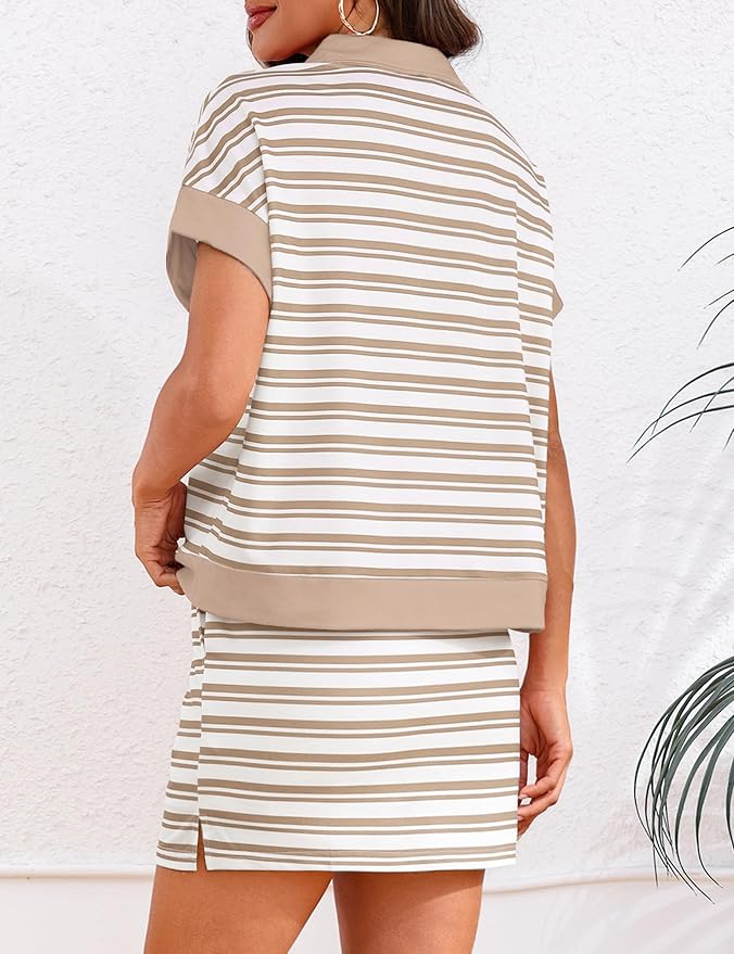 Womens Striped 2 Piece Outfits Skirt Set Summer Casual Short Sleeve Polo Skort Workout Set Matching Lounge Sets