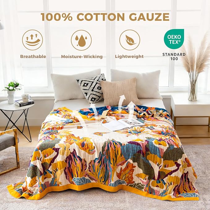 LUTBM Boho Throw Blanket for Couch 50"x60", 100% Cotton Summer Bed Blankets | Reversible Floral Butterfly Jacquard, All-Season, For Chair Sofa Living Room, Lightweight & Breathable Gauze, Bohemian Decor